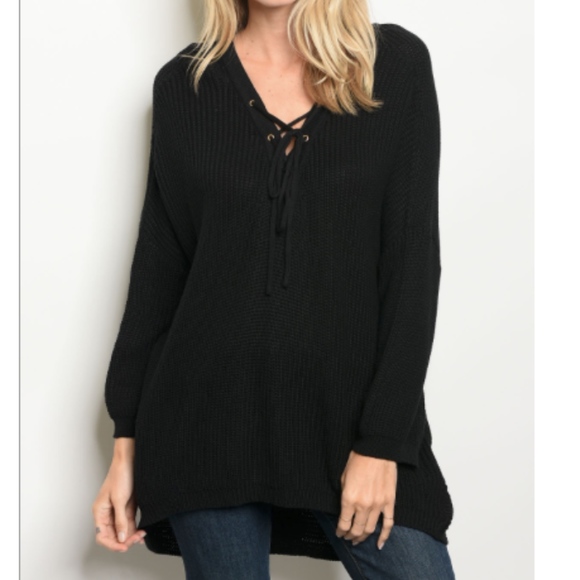 Sweaters - Black Lace-up Relaxed Fit Sweater